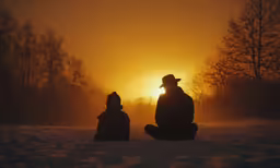 the sun sets over two people sitting in a snow covered field
