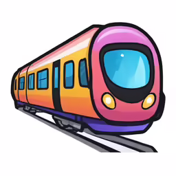 a colorful train with its doors open sitting on tracks