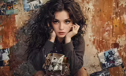 a woman in brown shirt and jeans sitting next to wall