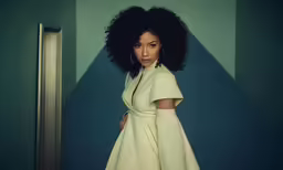 a very cute lady with curly hair by some doors