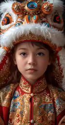 a young boy in a costume with a white fur hat and headdress