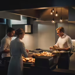 there are three people that are working in the kitchen together
