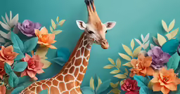 a close up view of a statue of a giraffe with paper flowers