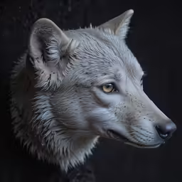 the white wolf looks at the camera with an intense expression