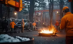 some people stand around a bonfire with some cars parked around