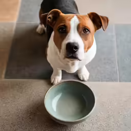 the small dog is standing near the empty bowl