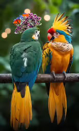 two parrots on a branch one with a flower in its hair