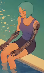 a cartoon girl sitting in a pool with a robotic arm