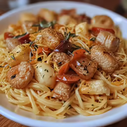 there is a plate of pasta and meats on it