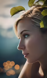 beautiful woman with green leaves on her head posing
