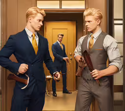 two men with guns talking in a hallway,two men in suits stand in an elevator holding guns