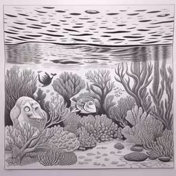 the underwater scene with fish in black ink