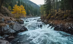 the rushing water of a stream is seen through a forest
