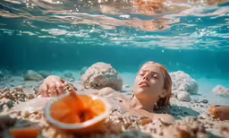an underwater photograph of a young woman