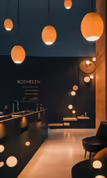 the light and wood paneling on the walls is a good contrast to the black room