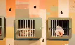 two barred cell blocks hanging from the side of a wall