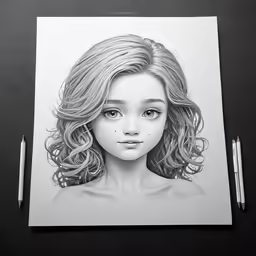 the girl is drawn with black pencil on paper