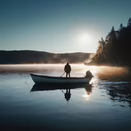 a man is in a canoe on the lake