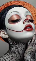 a woman with red lipstick and halloween makeup