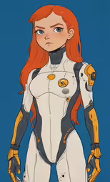 a woman in space suit with orange hair