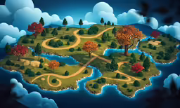 a small island with two trees on one side and a path leading through the middle, with roads running all around it