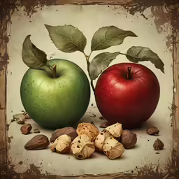 a painting of two apple halves and nuts