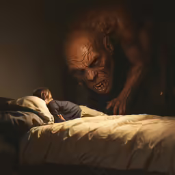 a man is on a bed with a creature coming out from under the bed