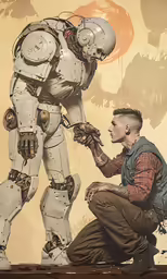 a man is working on a huge robot