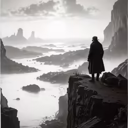 a man is overlooking the water from his rocky cliff