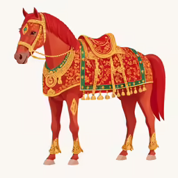 a horse with golden, red and green decorations