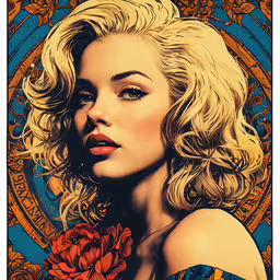 a painting with a woman with a red flower in her hand,a close up shot of a woman with blond hair and an open eye