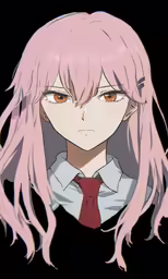 a female anime character with pink hair and orange eyes