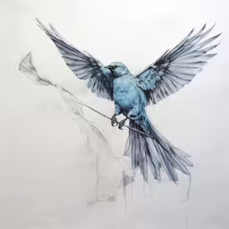 an artistic drawing of a blue bird flying across a branch,a drawing of a blue bird with wings spread out on top of a branch