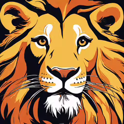 an illustration of a lion with large orange eyes,an orange lion face on a black background