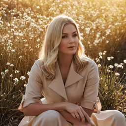 a woman sitting in the middle of some flowers