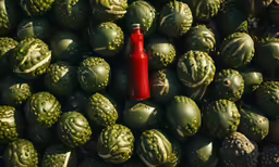 a large pile of green fruits and veggies with a red bottle on the top