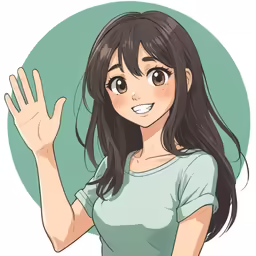 a person that is waving with her hand in front of a green circle
