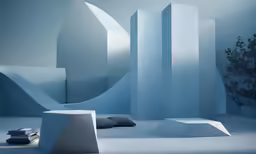 a blue room with a bed, pillows, and trees