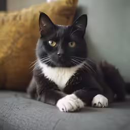 a cat with white paws is laying down