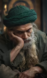 a man with a long beard and white hair sits looking down