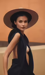 a young woman wearing a hat and dress with her shirt open