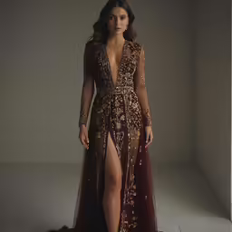 a woman is posing in a gold gown with sheer, deep purple accents