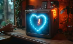 a blue neon heart on top of a wooden shelf