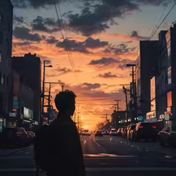 a man stands on a city street at sunset