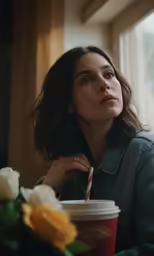 a young woman drinking a beverage from a starbucks cup