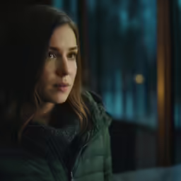 the girl in the green coat looks back and stares into the distance