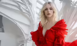 blonde woman in red dress posing next to large white sculpture