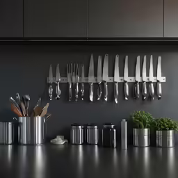 many knives and spoons are hanging on the wall above a pot with potted plants