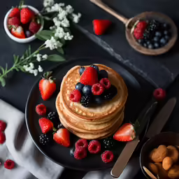 a plate of pancakes with berries and berries next to silverware