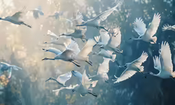 a flock of white cranes flying in a forest